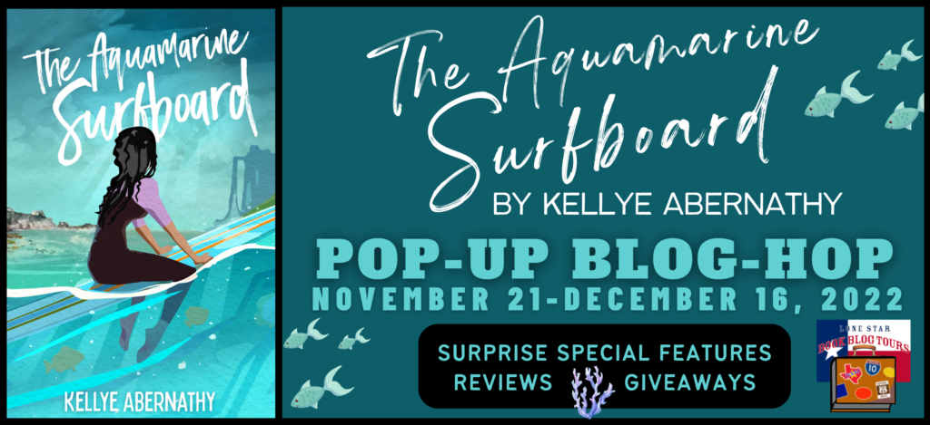 Thumbnail of book cover for The Aquamarine Surfboard - a dark-haired girl in a pink and black wetsuit straddling a surfboard, looking back to shore, on a dark teal background with the title of the book and the words Pop-Up Blog Tour. 
